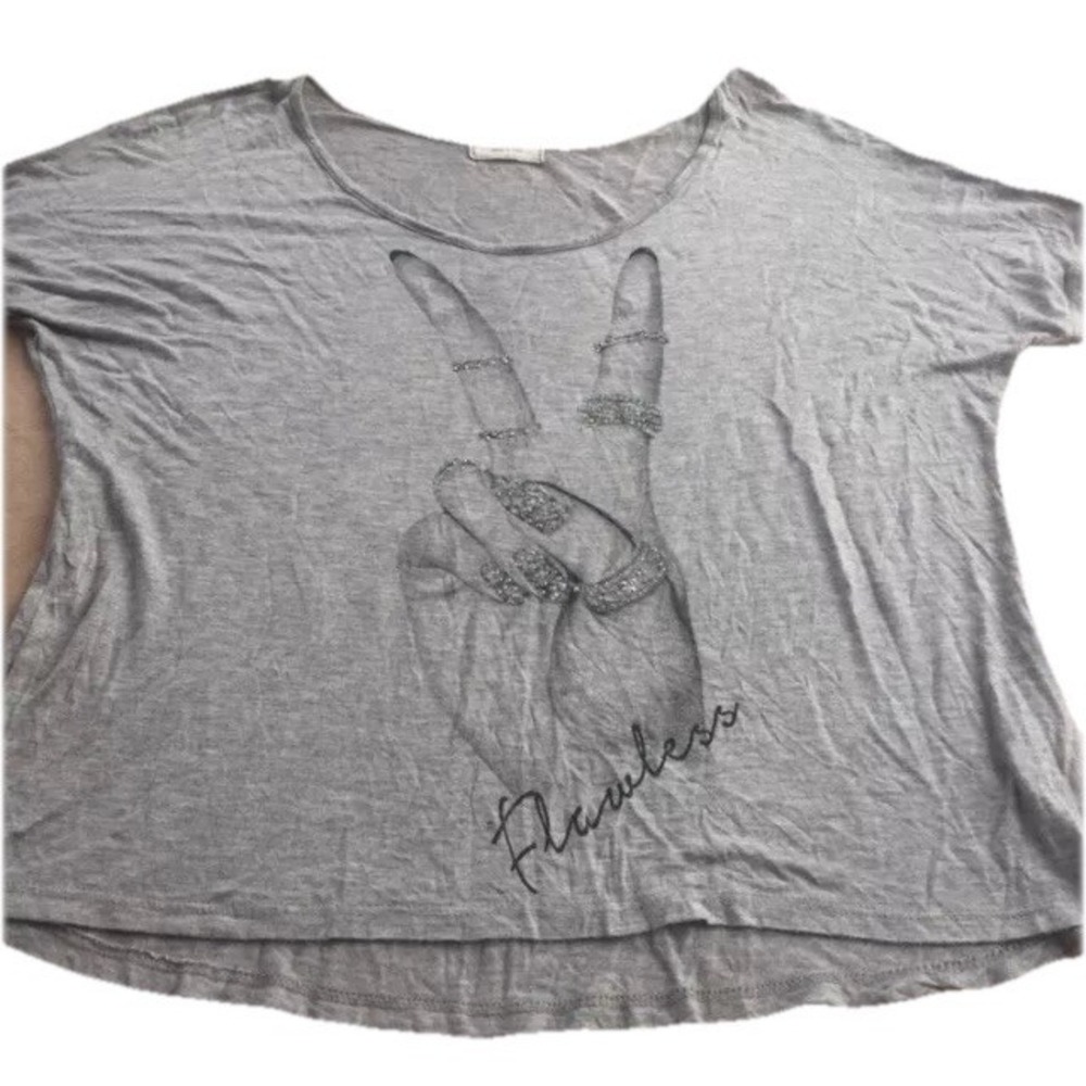 Aran's Den Flawless Peace Sign Rhinestone Graphic T-Shirt Grey Large Made in USA